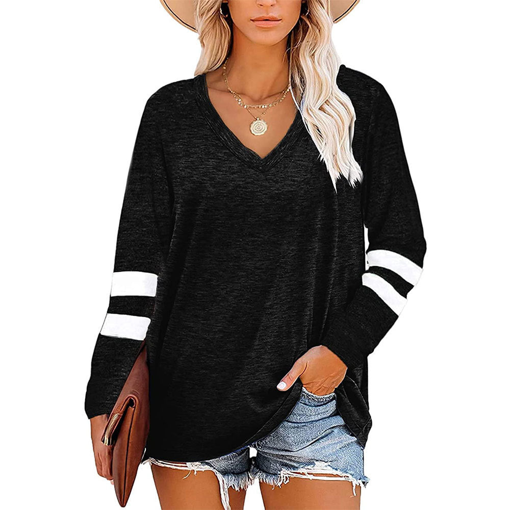 Women's Color V-neck Striped Stitching Long-sleeved Loose Blouses