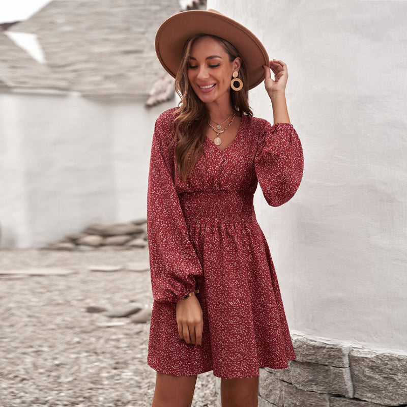 Women's Polka Dot Dress Long Sleeve Pleated Dresses