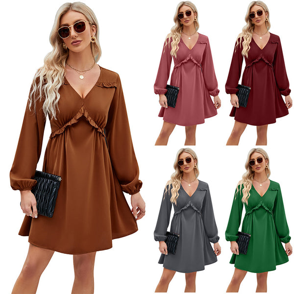 Women's Lace-up V-neck Pleated Long Sleeve Gown Dresses