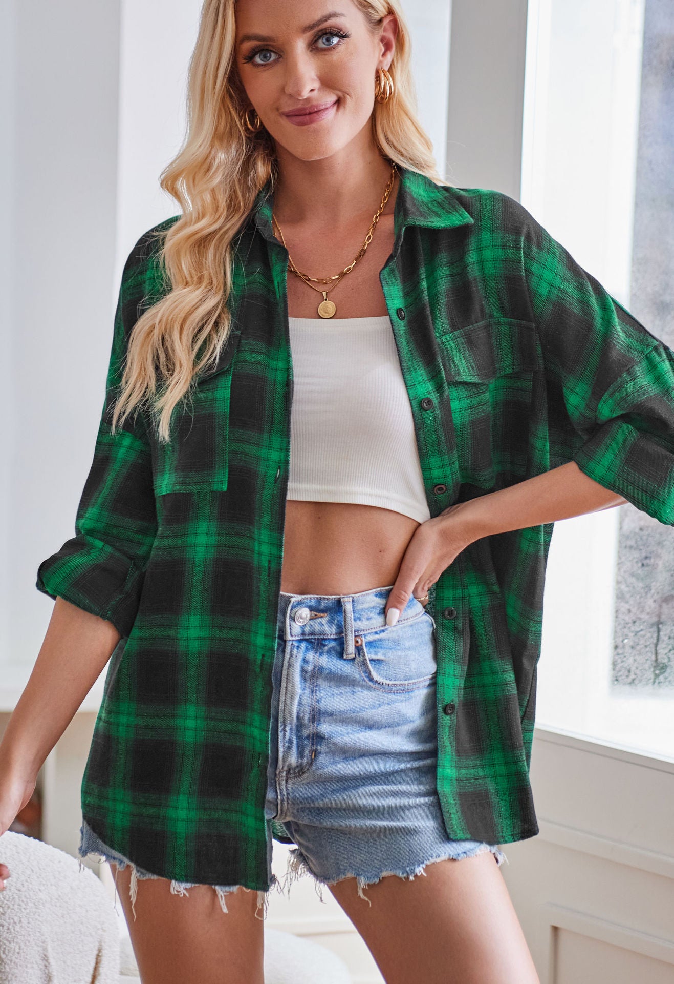 Women's Casual Long-sleeved Flannel Plaid Pocket Shirt Sweaters