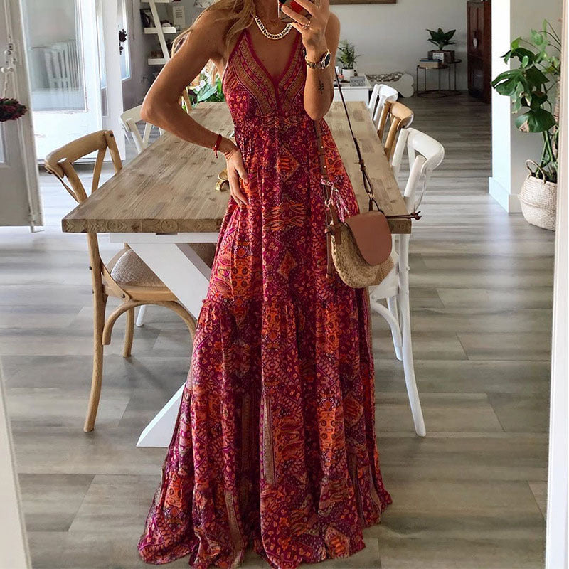 Women's Sexy Sling Bohemian Printed Dress Dresses
