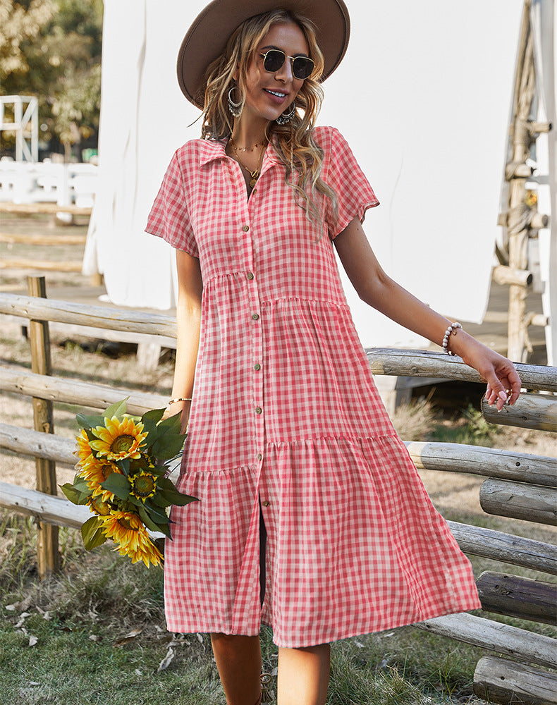 Robe d'été à carreaux pour femmes, col chemise, robes décontractées