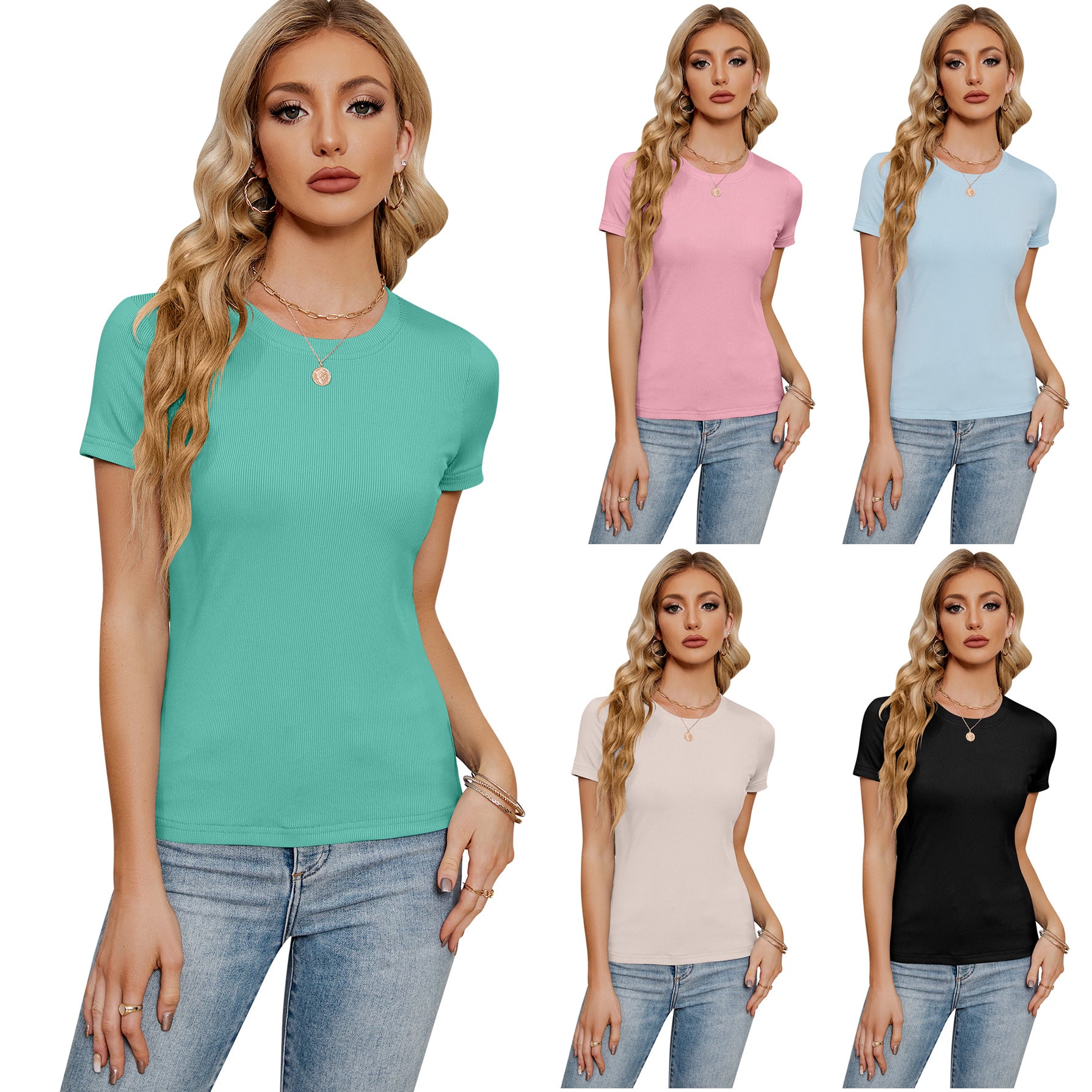 Women's Short-sleeved Round Neck Slim-fit Stretch Blouses