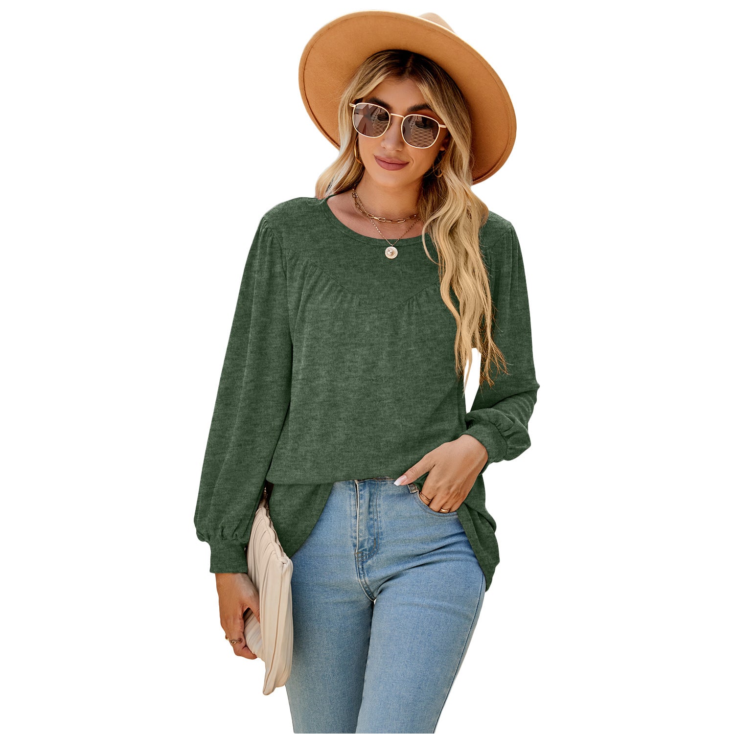 Women's Lantern Sleeve Loose Round Neck T-shirt Casual Blouses