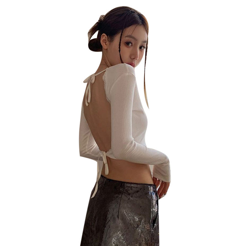 Stitching Lace Backless Slim Fit Strap Blouses