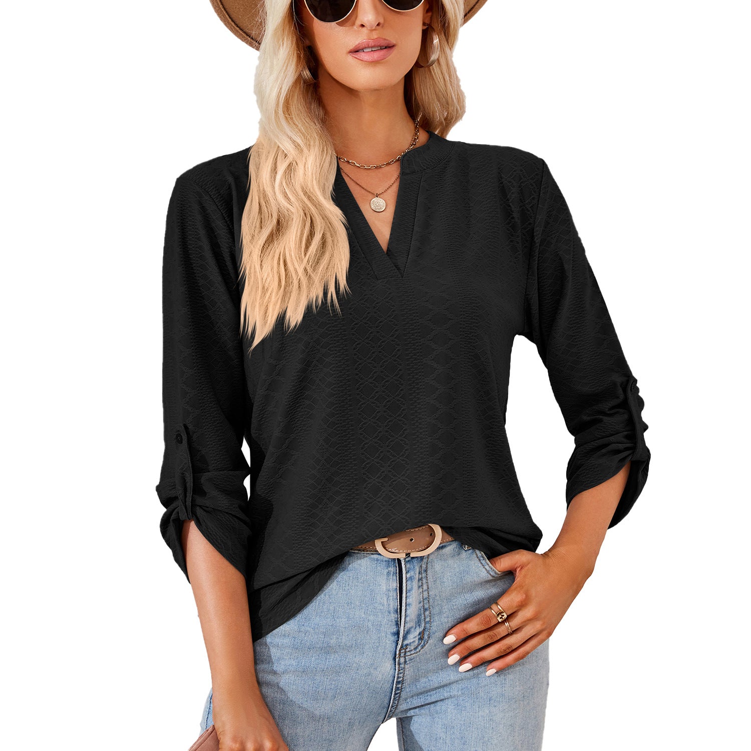 Women's Solid Color And Three-quarter Sleeve Button Blouses