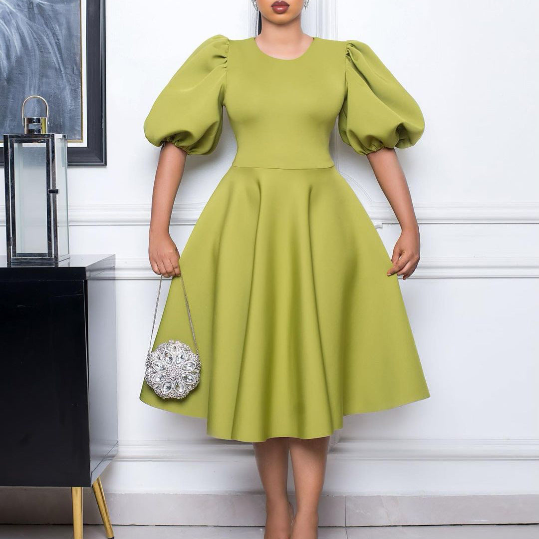 Round Neck Graceful Puff Sleeve Waist-controlled Dresses