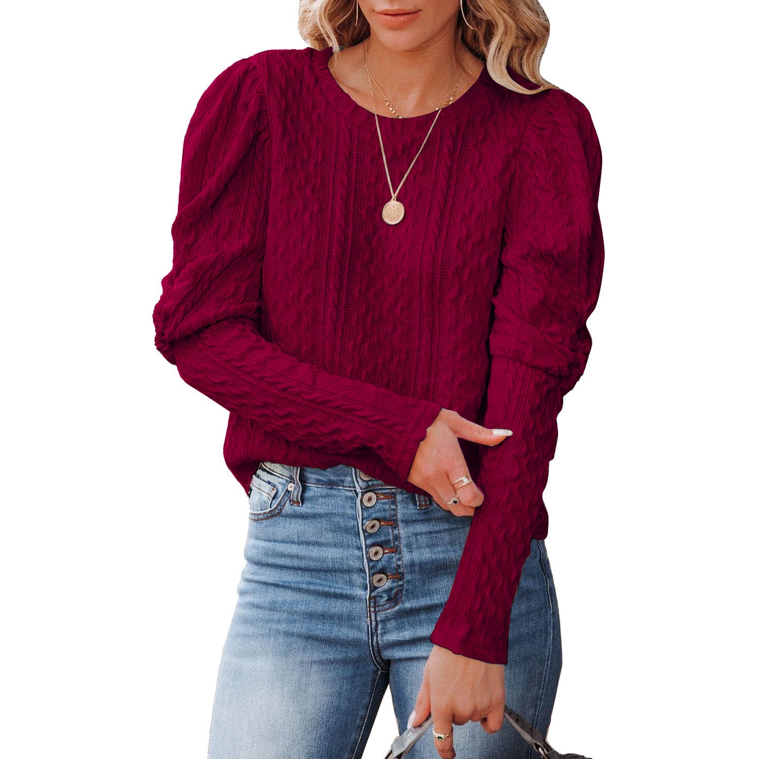 Women's Solid Color Jacquard Round Neck Gigot Sweaters