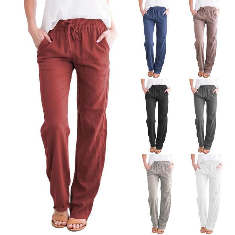 Women's Solid Color Cotton Linen Drawstring Loose Pants