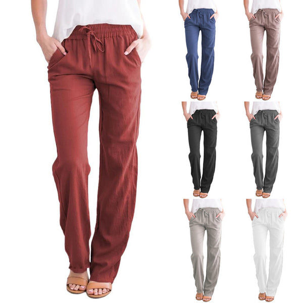 Pantalon ample à cordon de serrage en coton et lin de couleur unie pour femmes