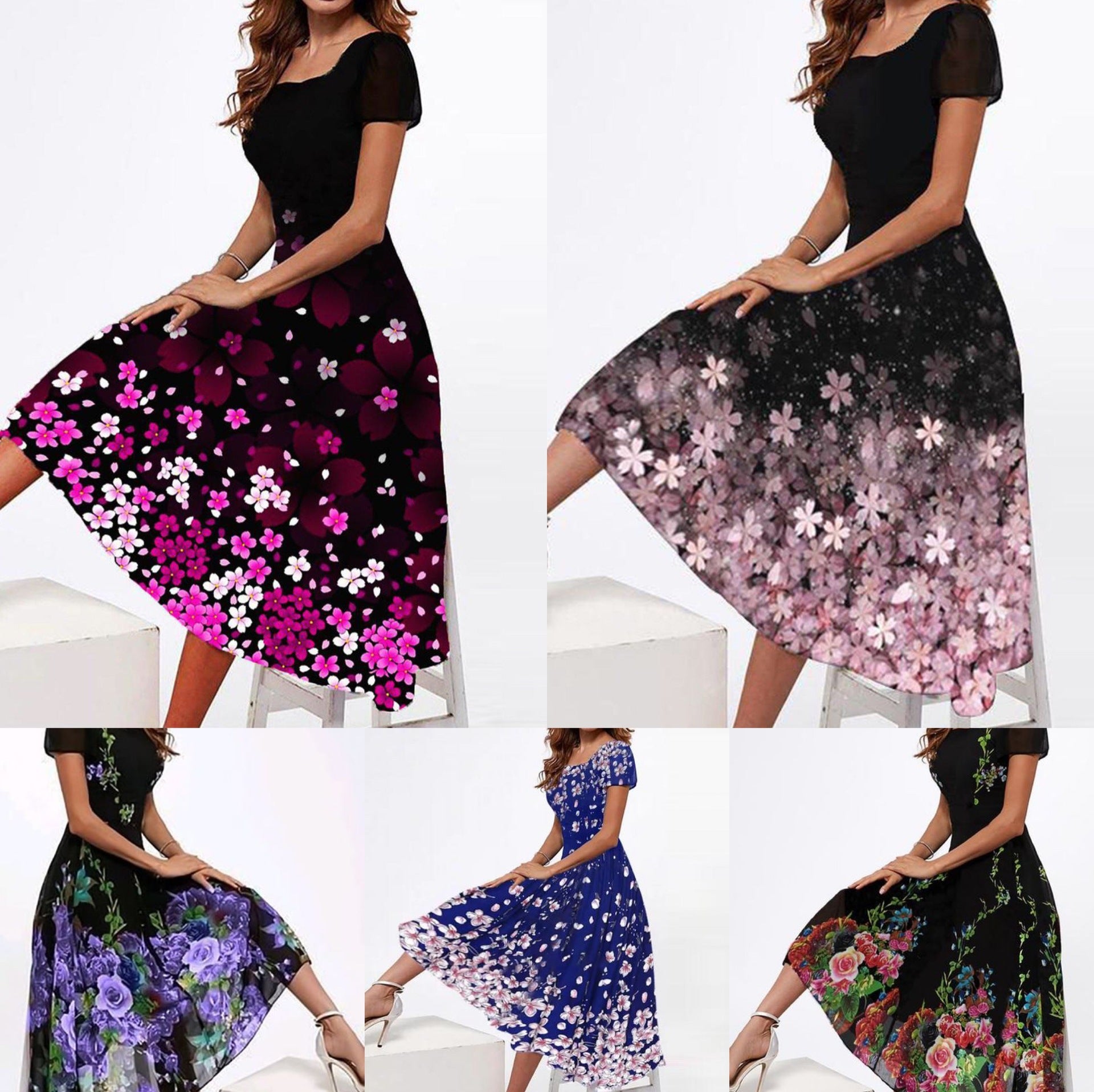 Women's Square Collar Sleeve Positioning Multi-color Printed Dresses