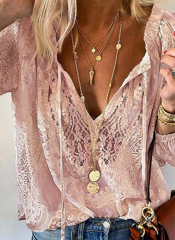 Commute Loose Printed Lace Solid Color Blouses