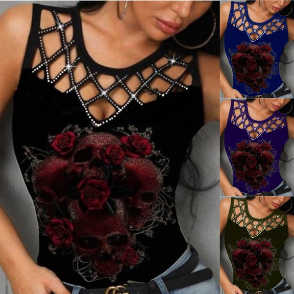 Women's Summer Hollow Out Stitching Rose Print Vests