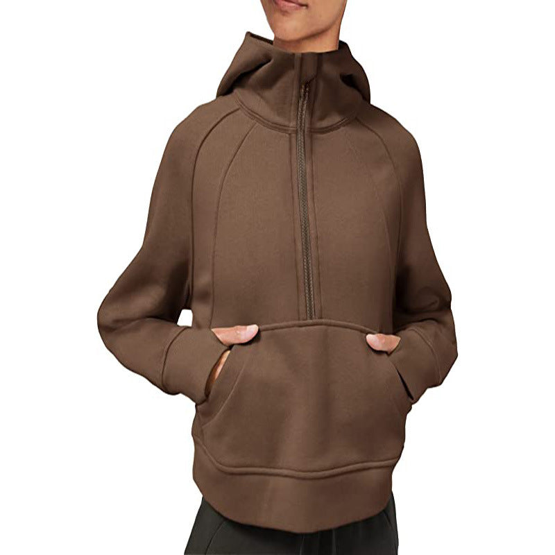 Hooded Pullover Solid Color Pocket Casual Long Sleeve Zipper Sweaters