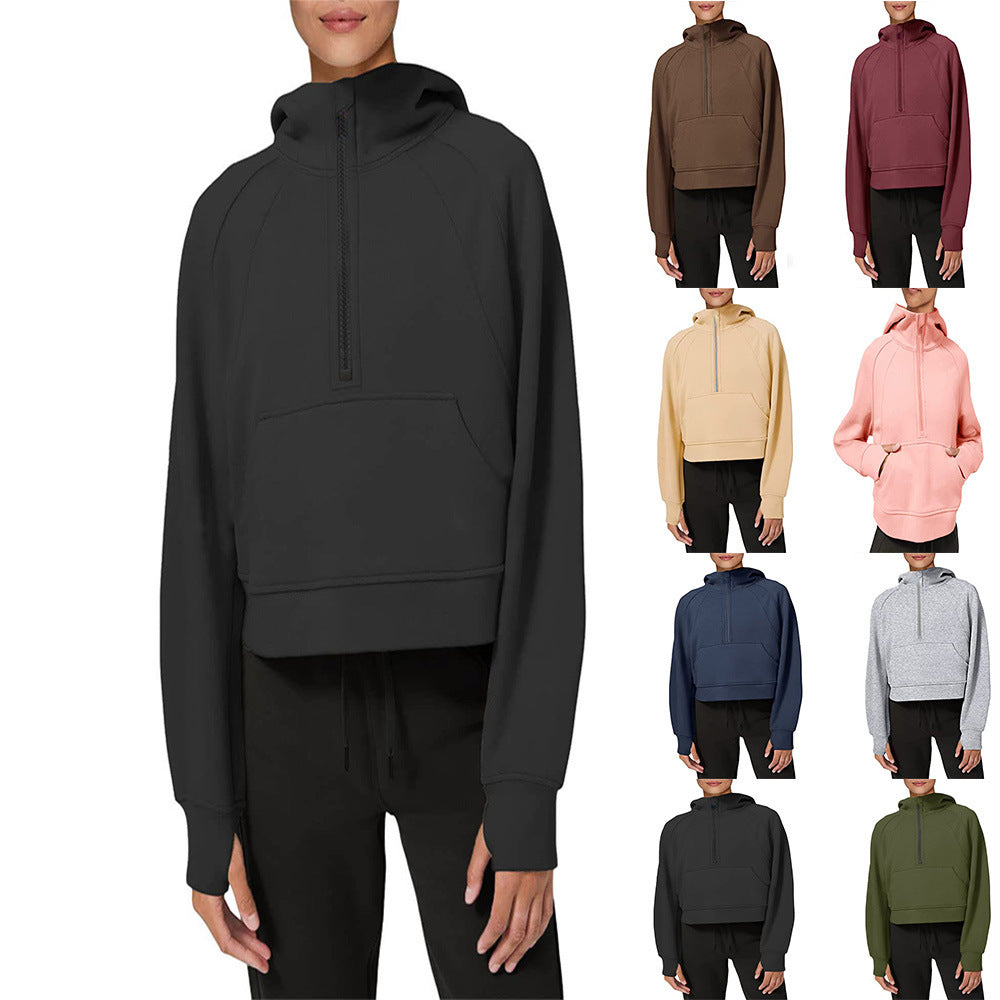 Hooded Pullover Solid Color Pocket Casual Long Sleeve Zipper Sweaters