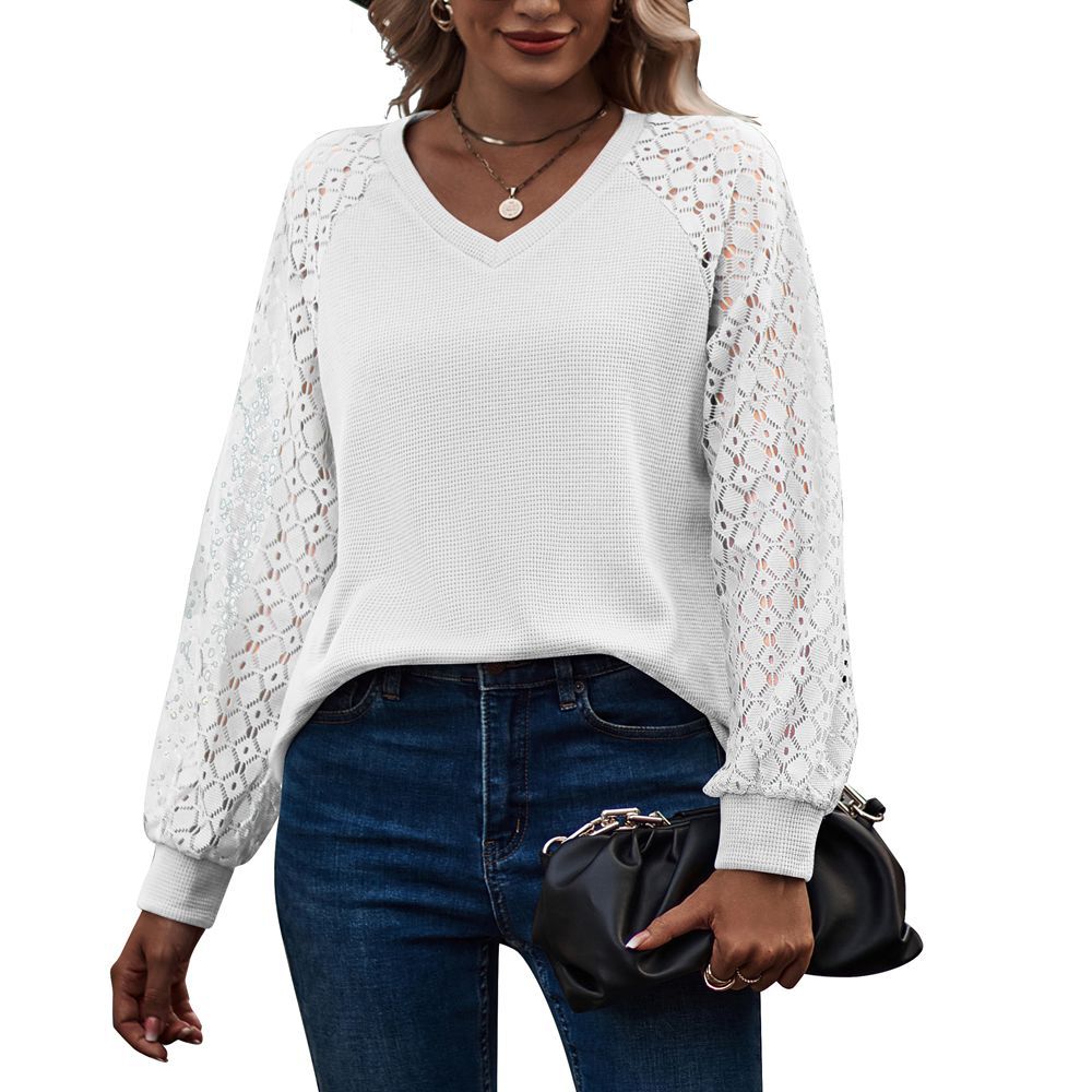 Women's Lace Puff Sleeve V-neck Long Tops