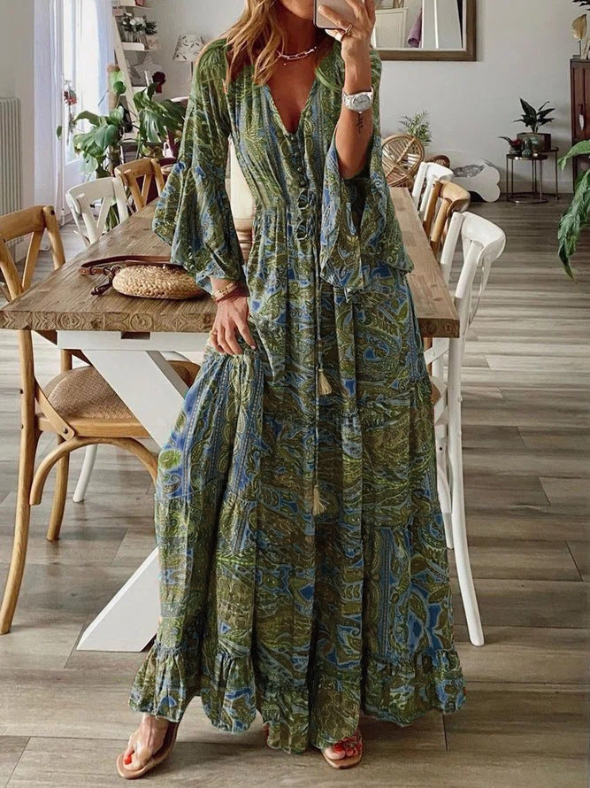 Flare Sleeve Printed V-neck High Waist Dresses