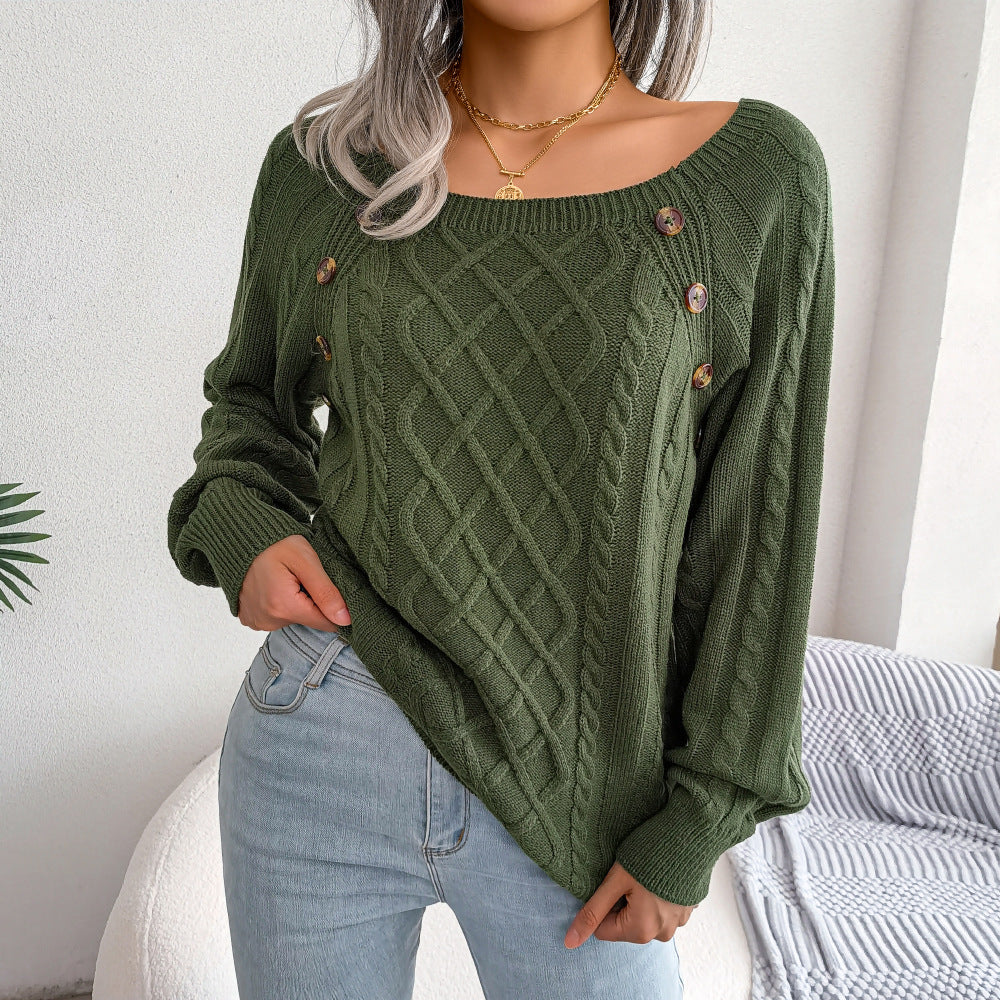 Women's Casual Square Collar Twist Knitted Pullover Sweaters