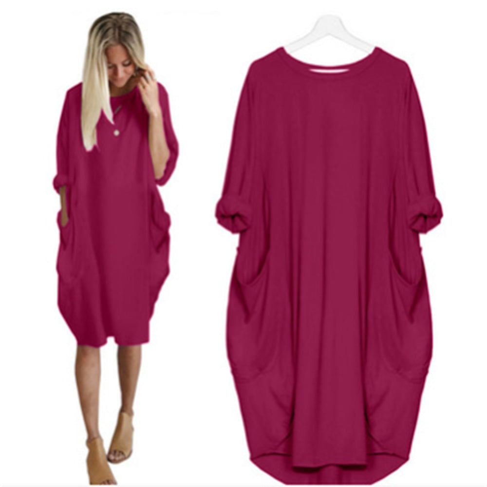 Women's Autumn Long Sleeve Round Neck Solid Color Loose Pockets Dresses