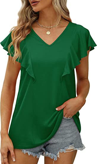 Women's Summer Ruffle V-neck Pleated Short-sleeved Blouses