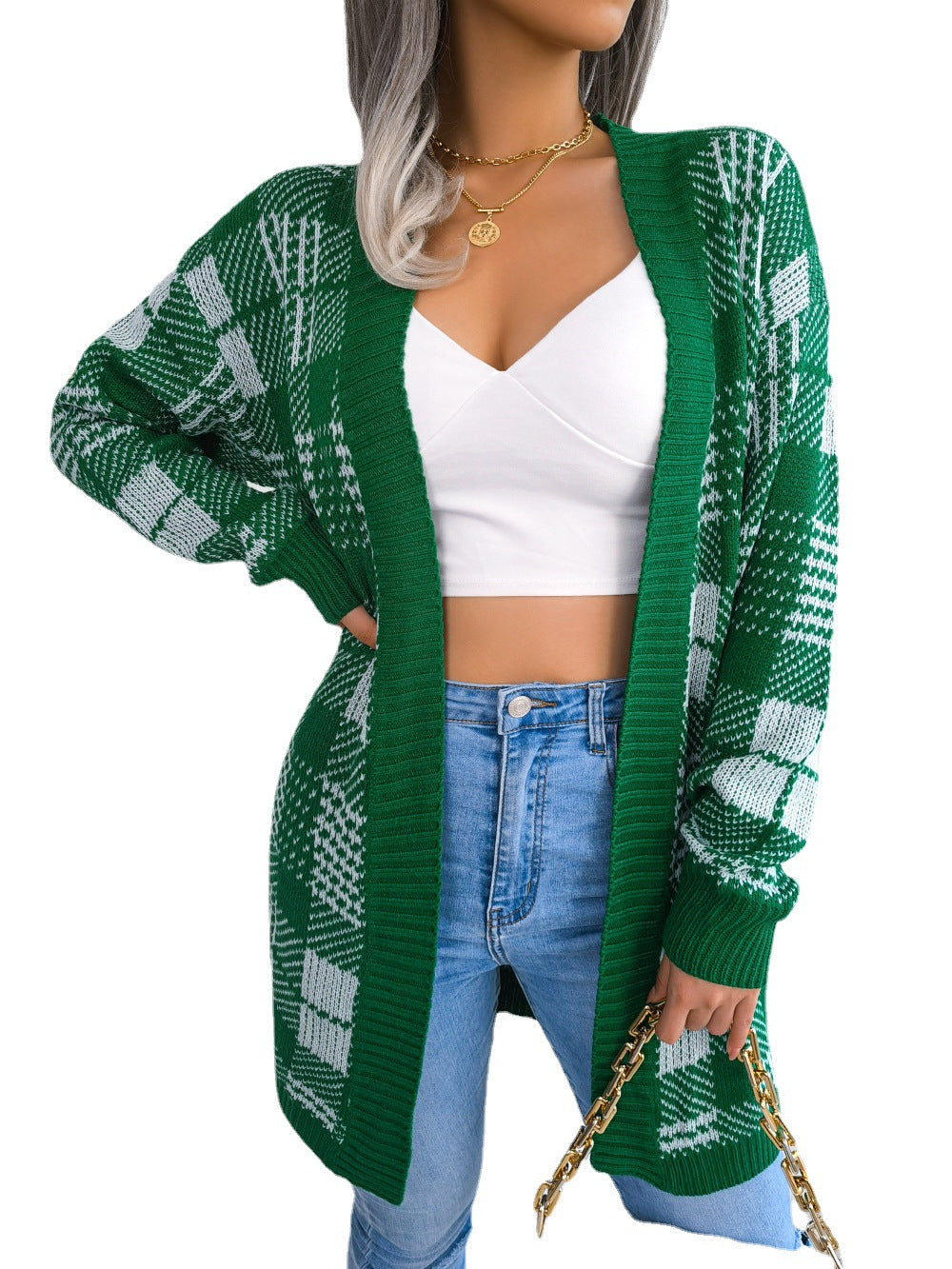 Women's Plaid Lace-up Lantern Sleeve Casual Coats