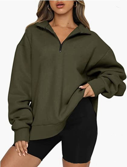Women's Casual Half Long-sleeve Zipper Fleece-lined Pocket Sweaters