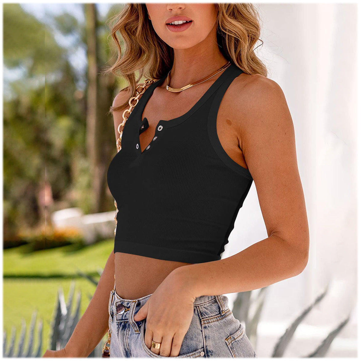 Women's Solid Color Sleeveless Midriff-baring Sexy I-shaped Tops