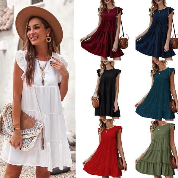 Color Round Neck Sleeves Casual Cake Pleated Dresses