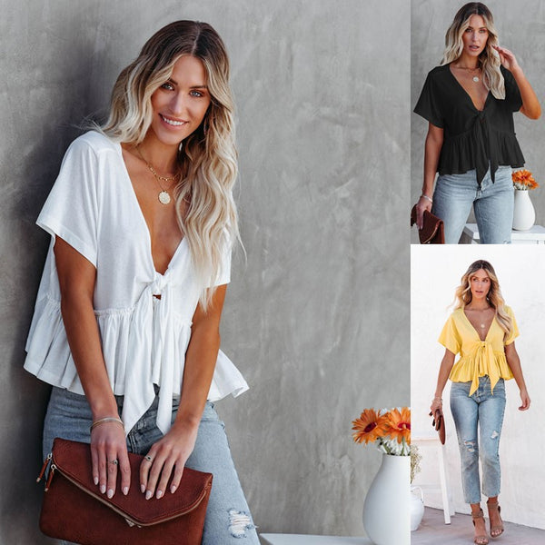 Women's Summer Solid Color Stitching Loose Sleeve Blouses