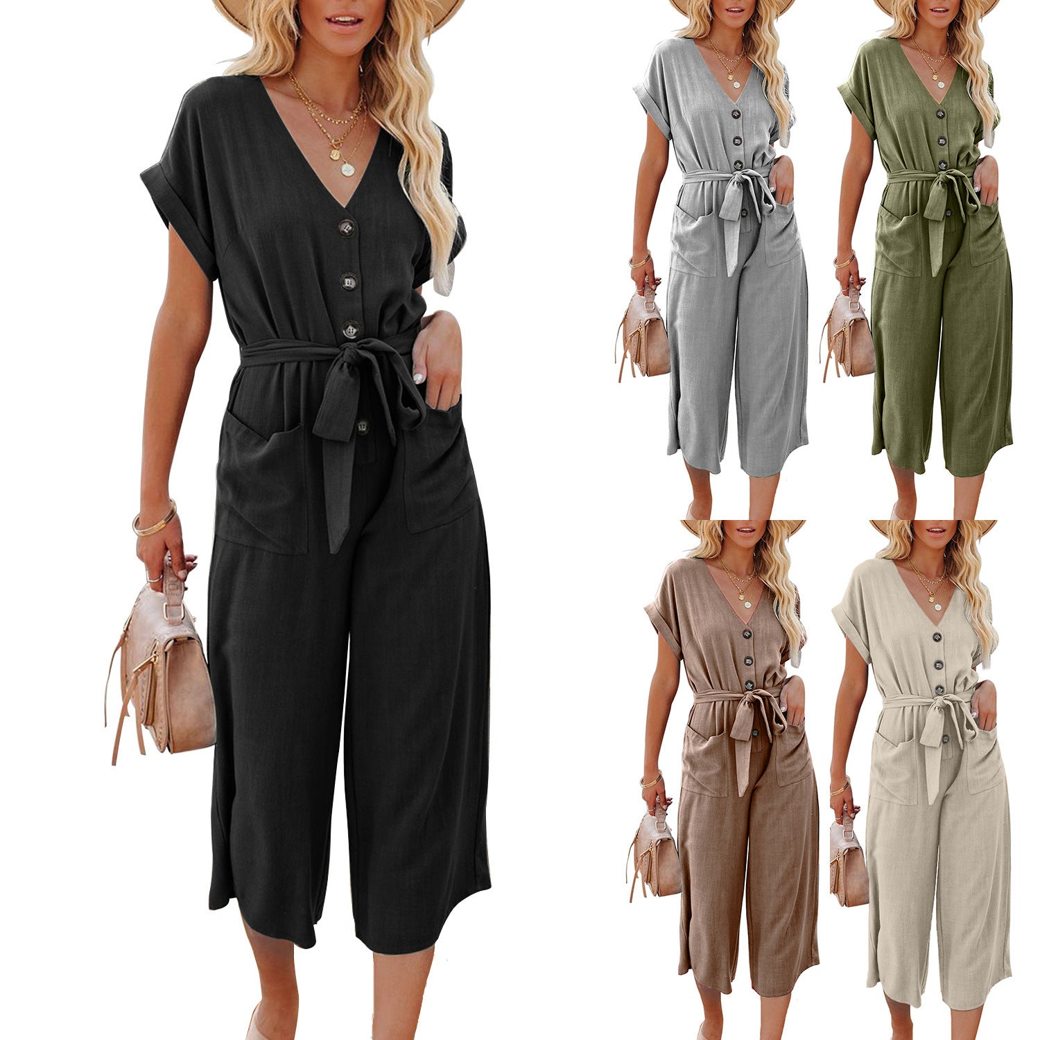 Women's Summer Loose Casual V-neck Lace-up Pocket Jumpsuits