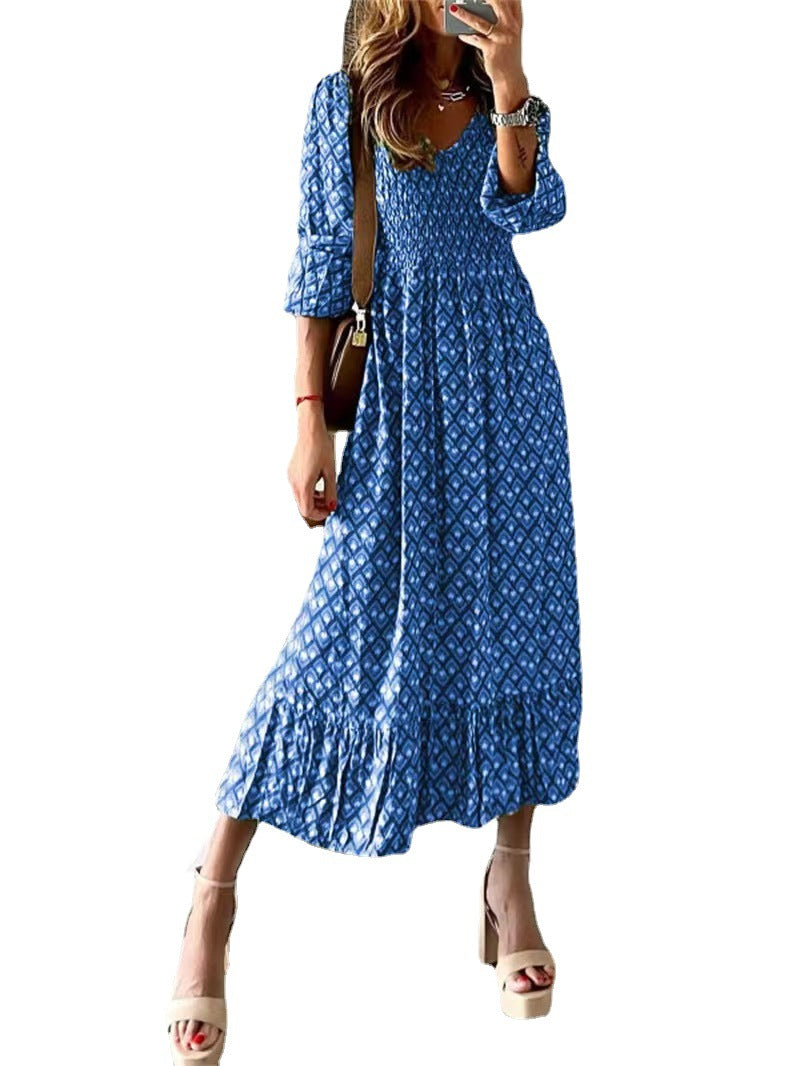 Women's Fashion Long Dress Green Printing Stitching Dresses