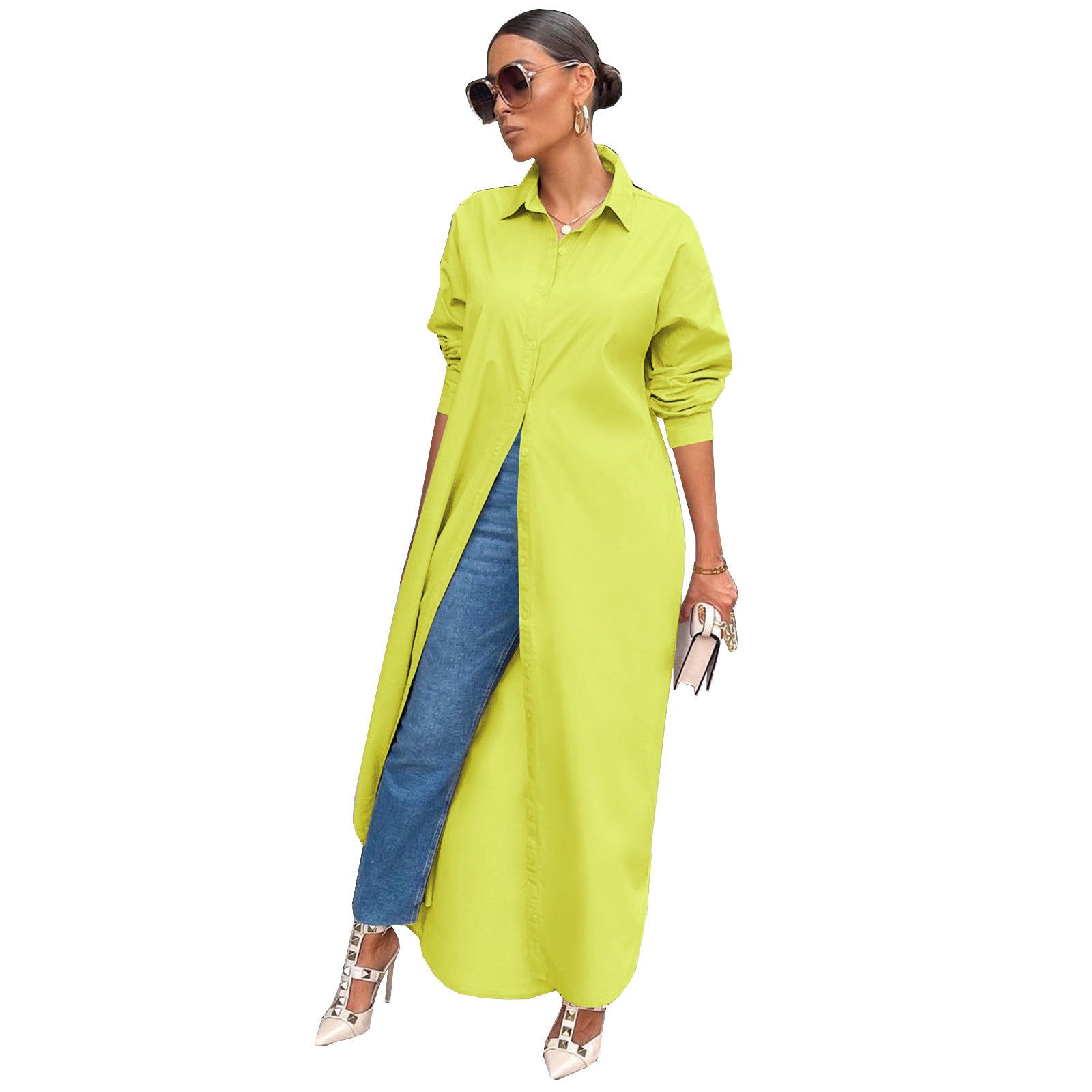 Women's Fashion Casual Solid Color Long Shirt Blouses