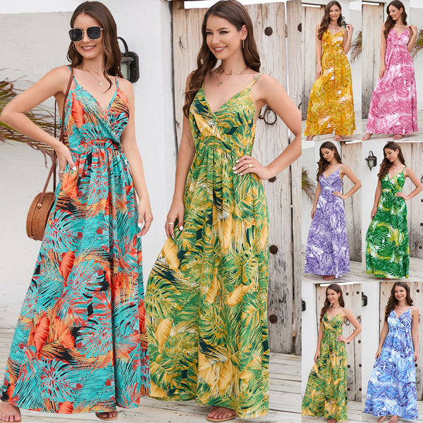 Women's Bohemian Printed Maxi Sexy V-neck Dresses