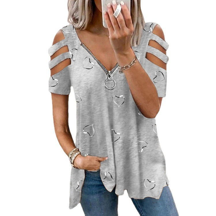 Women's Collar Zipper Print Sleeve Loose-fitting Blouses