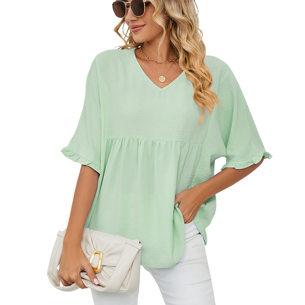 Women's Color V-neck Loose Pleated Stitching Half Blouses