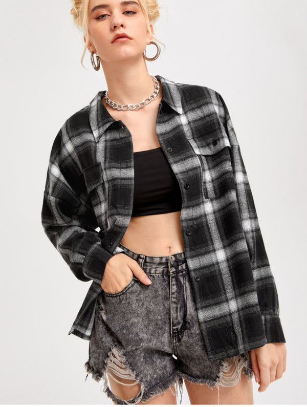 Autumn Plaid Single-breasted Stand Collar Lapel Cardigans