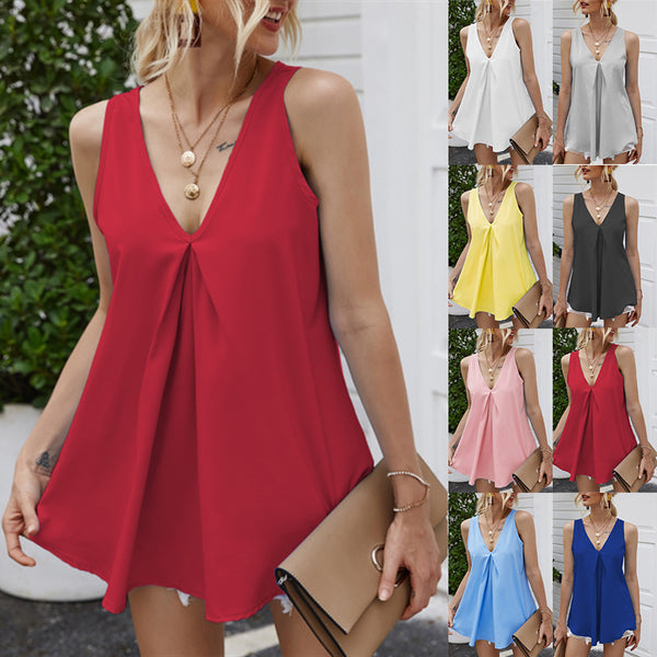 Summer Solid Color V-neck Loose Pleating Tops