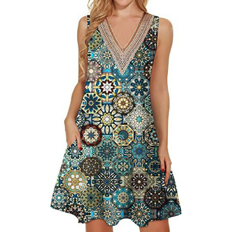 Women's Creative Summer Printing V-neck Pocket Dresses