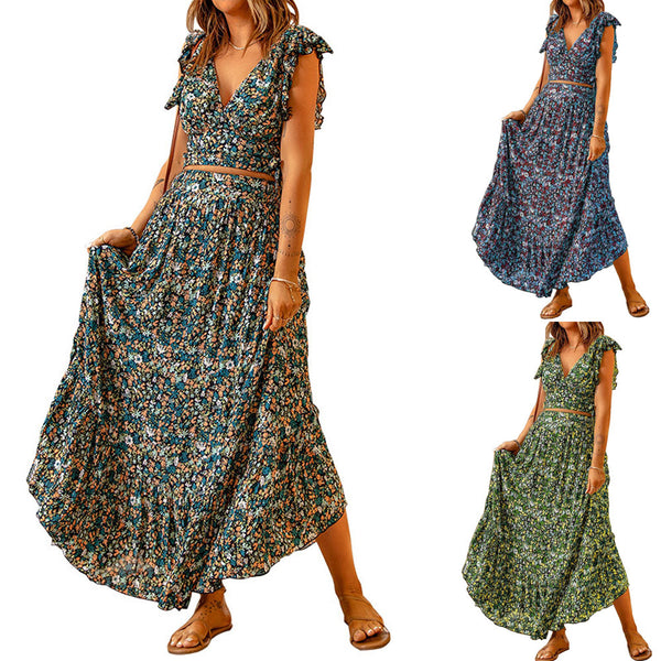 Women's V-neck Sleeve Floral Waist Slimming Irregular Long Dresses