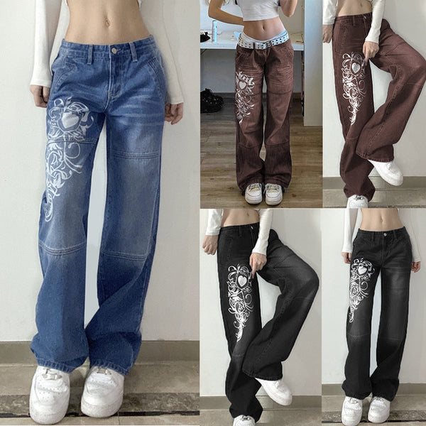 Elegante, modische, bedruckte, lockere Jeans mit weitem Bein für Damen