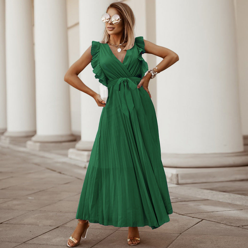 Solid Color Sleeveless Pleated Chiffon Slim Dresses