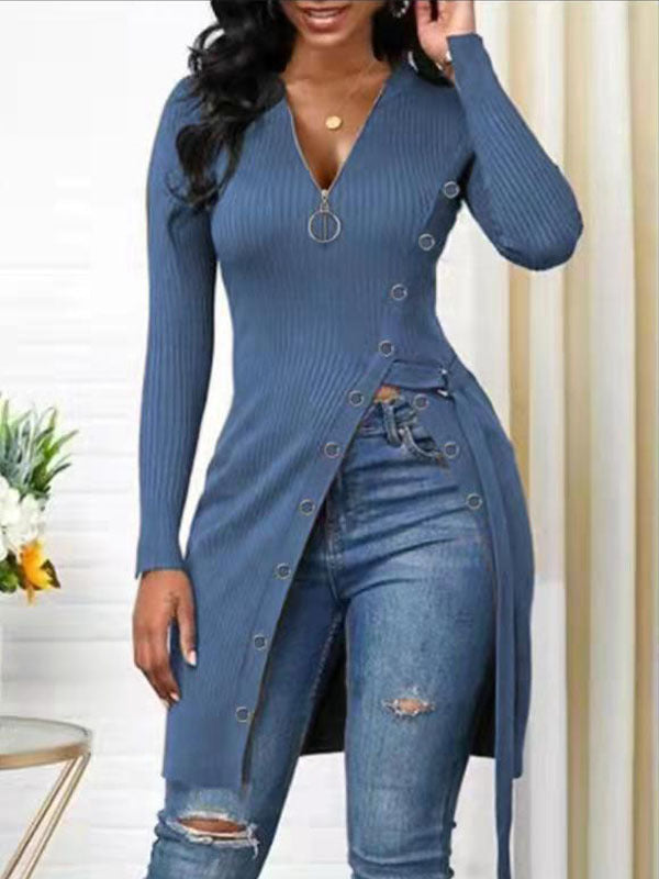 Women's V-neck Long Sleeve High Zipper T-shirt Blouses