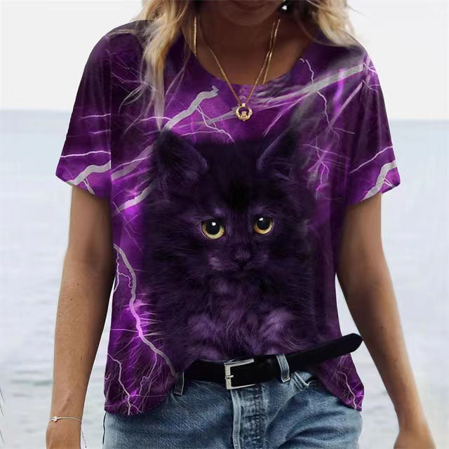 Women's Cat Print Round Neck Sleeve Blouses