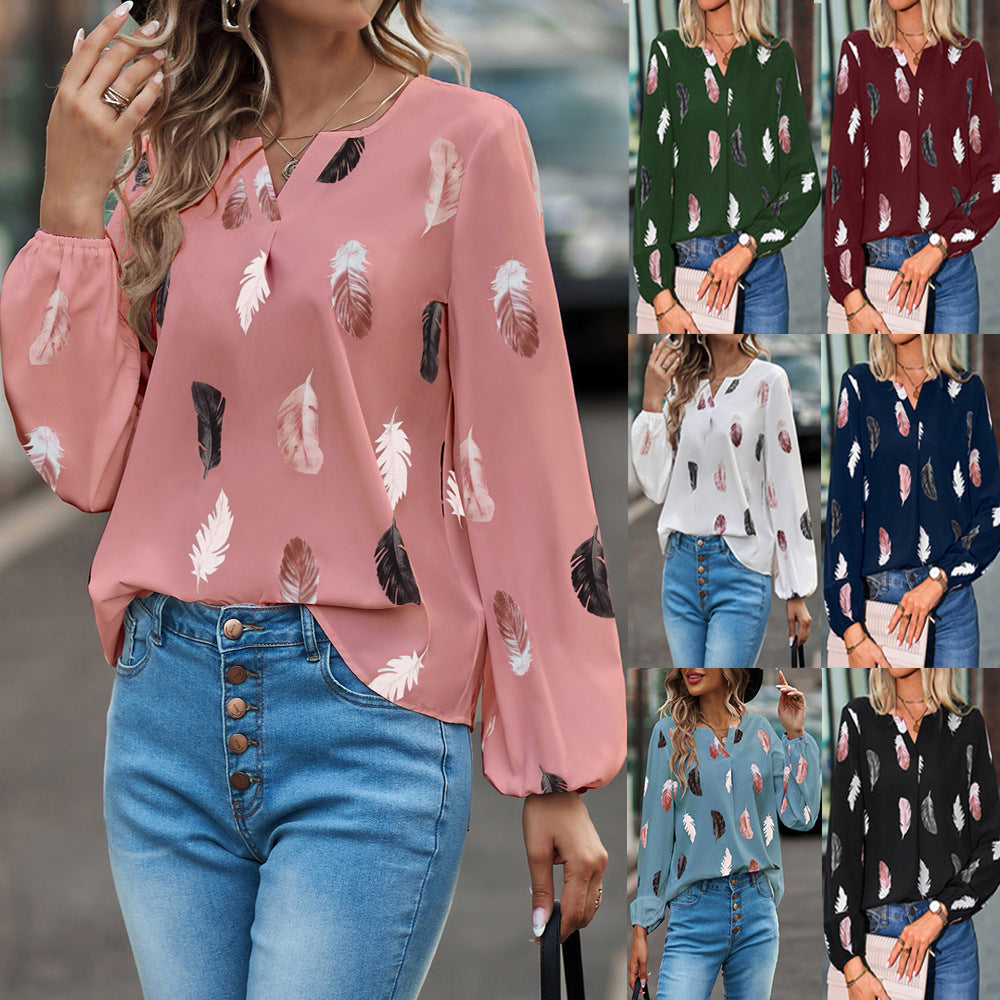 Women's V-neck Feather Print Long-sleeved Loose Blouses