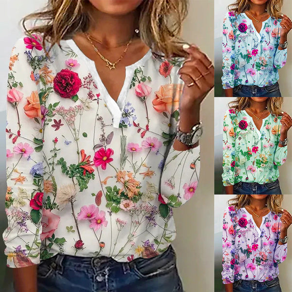 Women's Summer Trendy Printed V-neck Long-sleeved Blouses