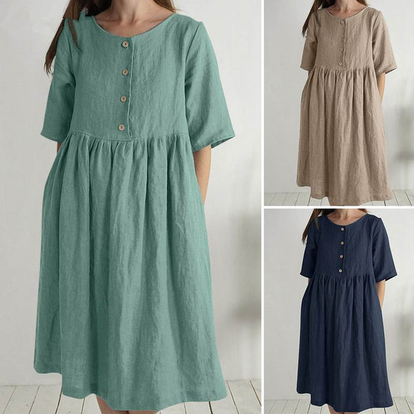 Linen Round-neck Loose Solid Color Pocket Dresses