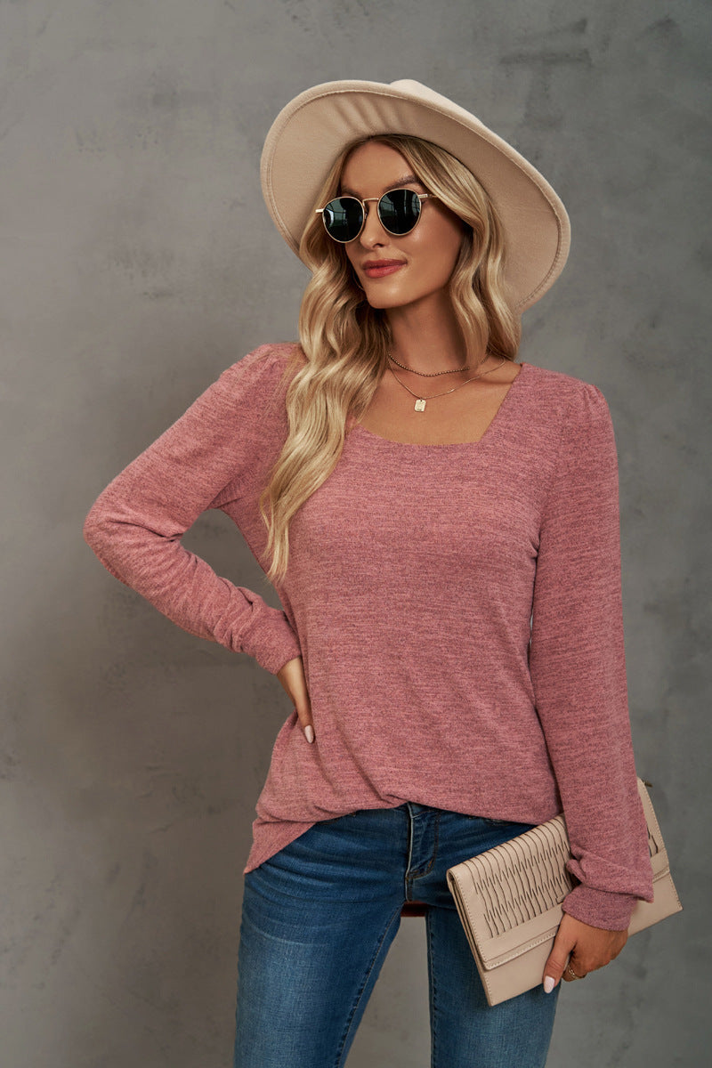 Color U-neck Pleated Long Sleeve Casual Blouses