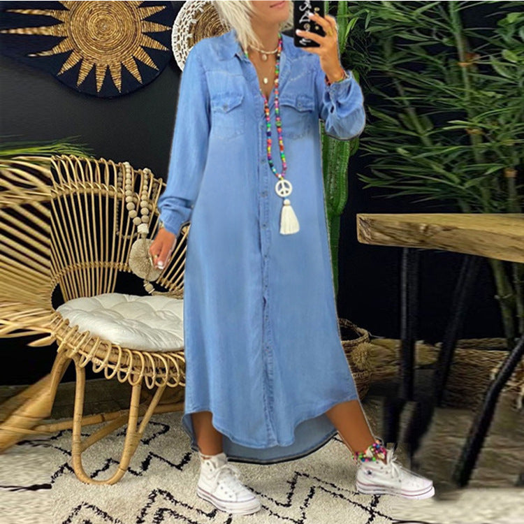 Graceful Denim Long Collar Casual Dress Dresses