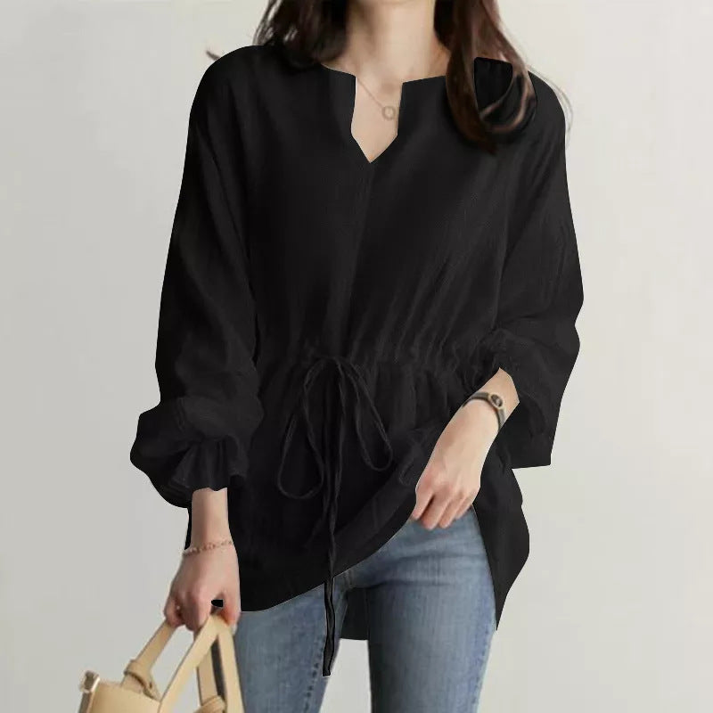 Women's Long-sleeved Collar Drawstring Waist Solid Color Blouses