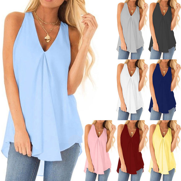 Summer Hem Loose Sleeveless Solid Color Chiffon Blouses